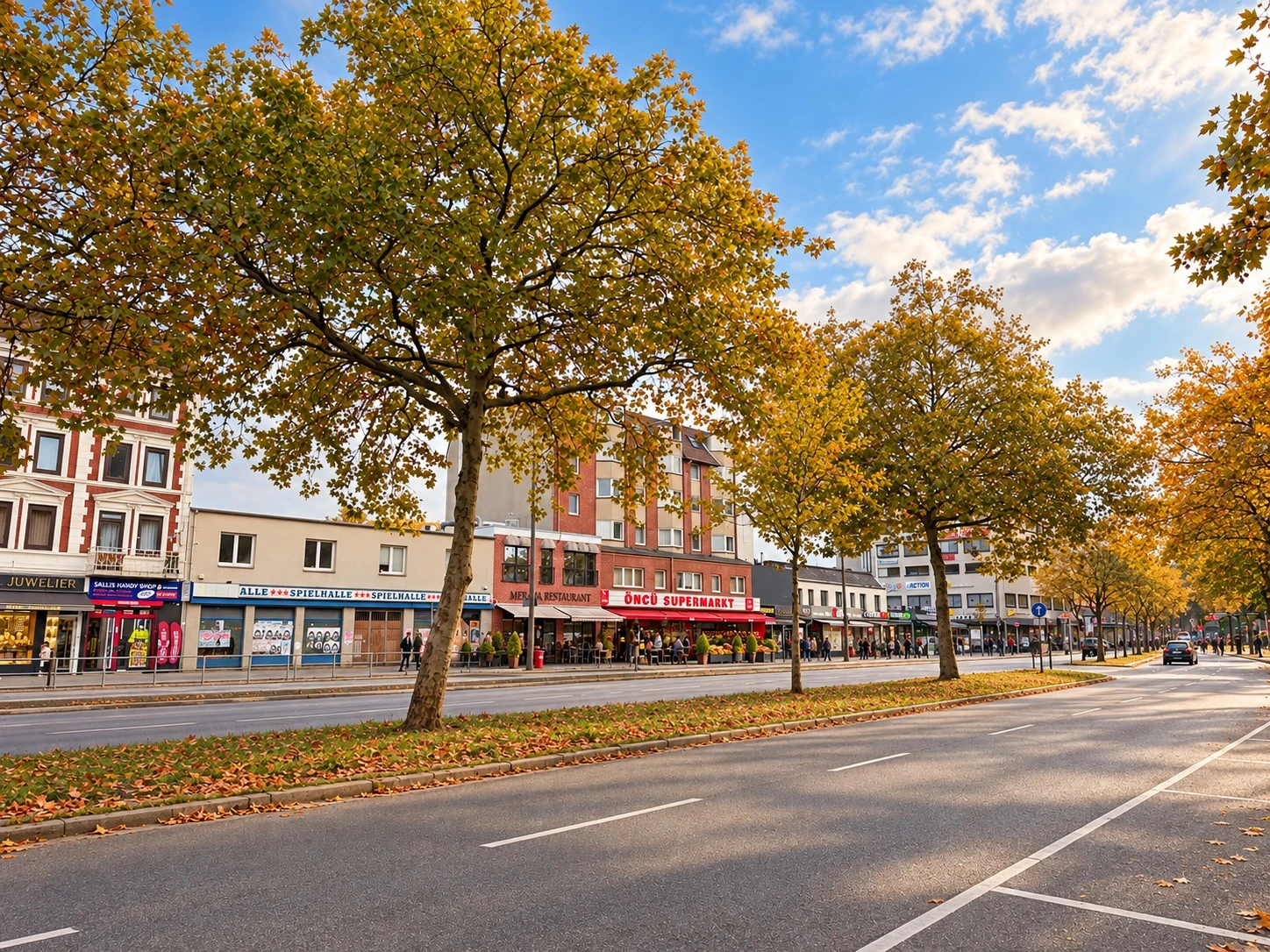 Billstedter Hauptstraße in Hamburg-Billstedt mit Geschäften, breiter Fahrbahn und herbstlich gefärbten Bäumen.