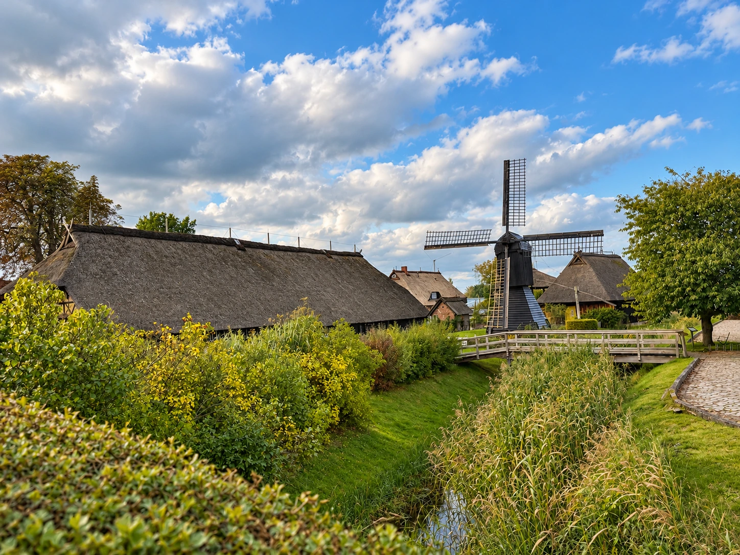 Rieck-Haus-Ensemble in Hamburg-Curslack mit Reetdächern, Windmühle, Holzbrücke und Wassergraben.
