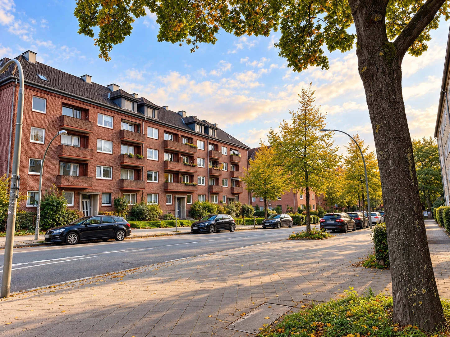 Wohnstraße in Hamburg-Hamm mit roten Backstein-Mehrfamilienhäusern, parkenden Autos und herbstlich gefärbten Bäumen.