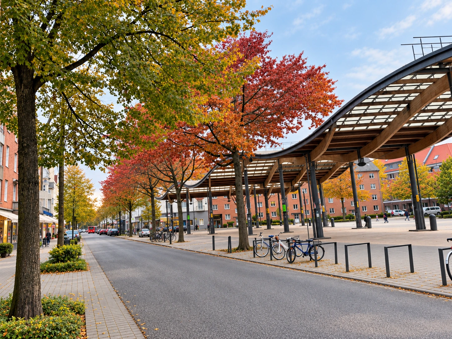 Stübenplatz in Hamburg-Wilhelmsburg mit großer Holzüberdachung, Fahrrädern und herbstlich gefärbten Bäumen.